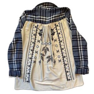 Jane and Delancey Bohemian Button-down Shirt Blue Plaid with Embroidered Back S